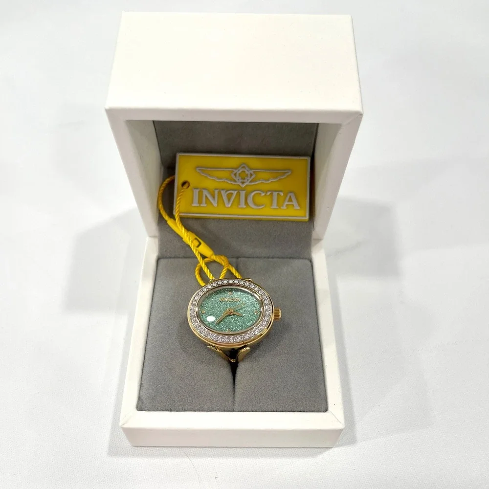 Invicta Angel 49602 Women Gold Tone Green Glitter Dial Crystal Oval Ring Watch